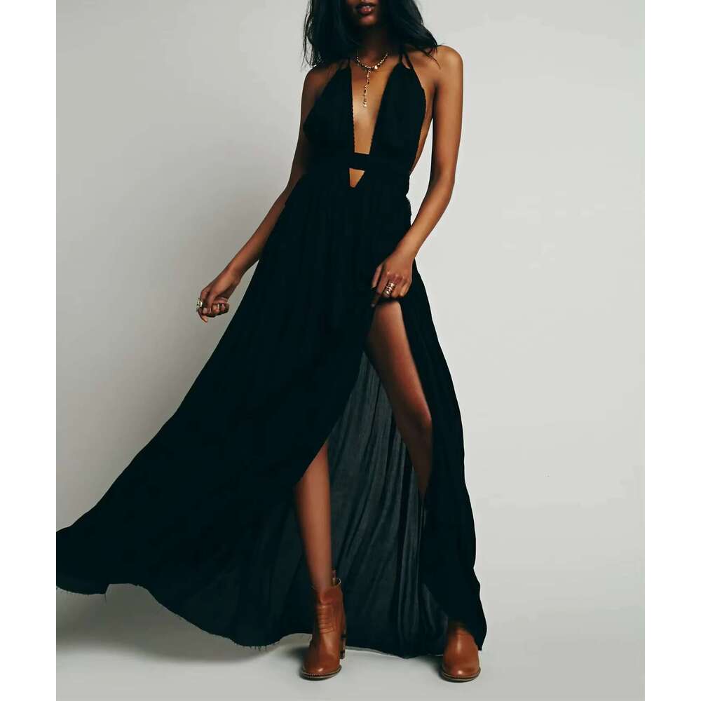 Beach Sundress V Neck Backless Sexy Holiday Cotton Maxi Dresses Boho Vestidos Vacation Strapless Dress