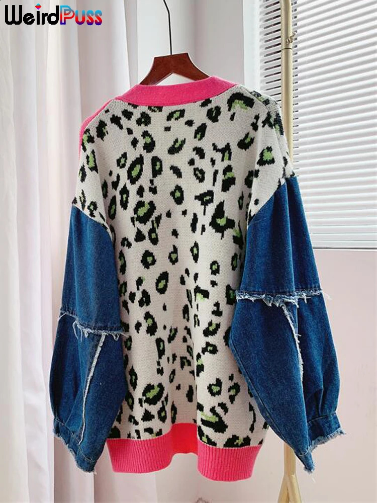 Weird Puss Denim Patchwork Cardigan Sweater Women Autumn Long Sleeve Letter Print Casual Hipster Wild Streetwear Elastic Coat 250122