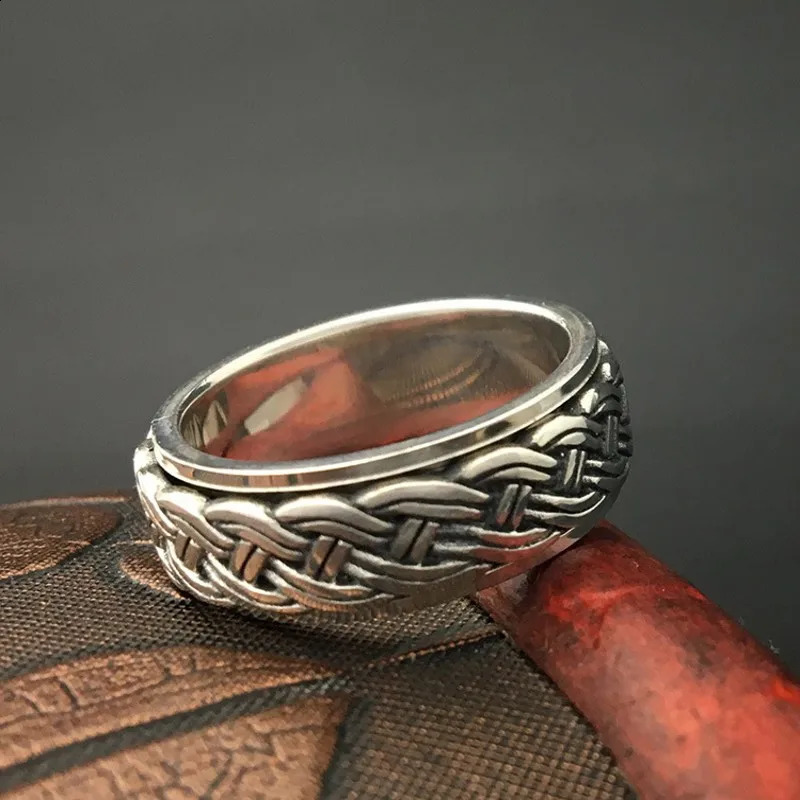 BOCAI Real S925 Sterling Silver Jewelry Fashion Retro Thai Man Ring Hemp Rope Simple Rotating Turn to Good Luck 250117