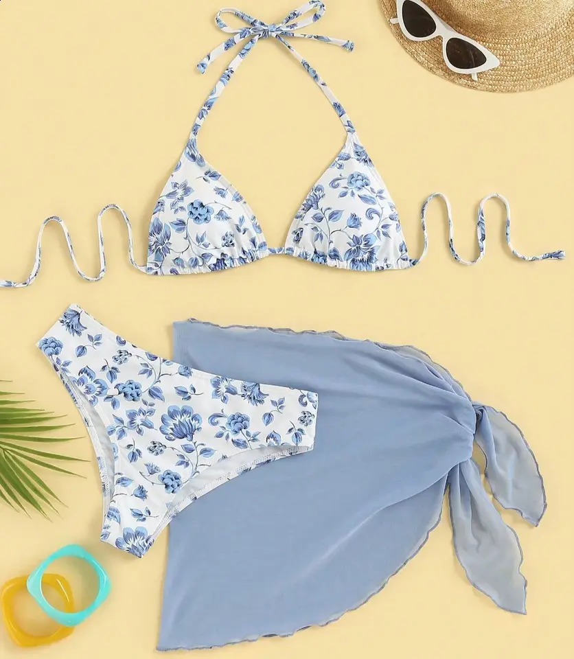 3 Piece Bikini Suit Print Flower Sexy Triangle Cup Hang Neck Swimwear Blue Female High Slit Skirt Women Beach 250122
