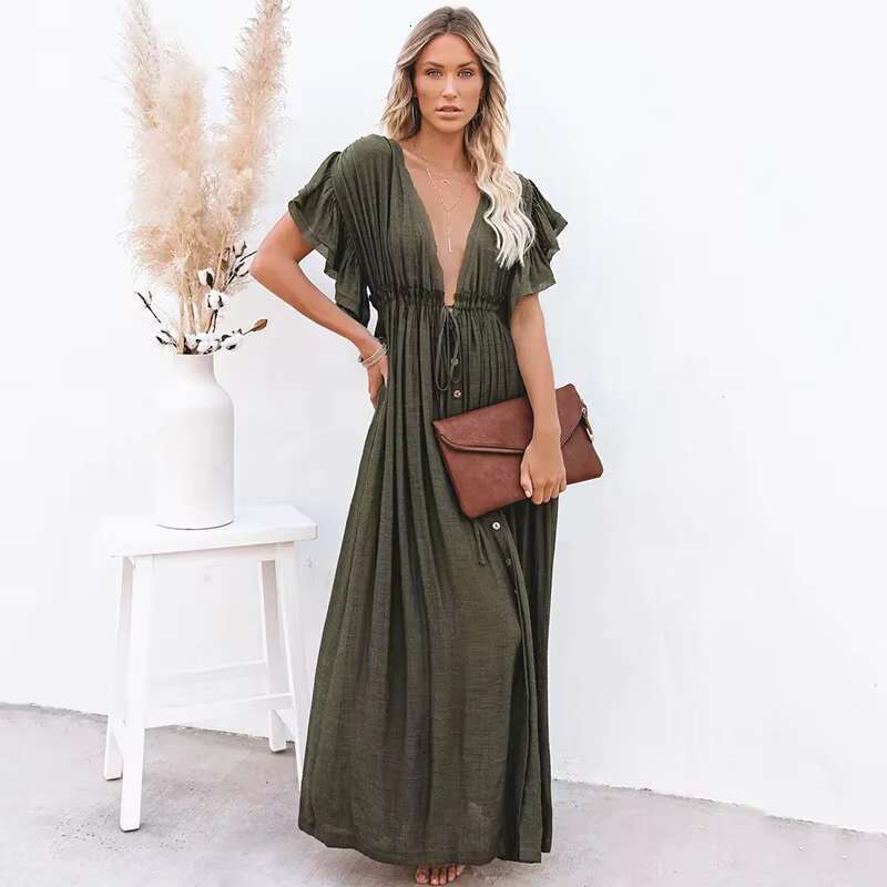 Women's Beach Button Down Sunscreen Bikini Swimwears Vacation Bamboo Maxi Sundress Oversized Bathing Suit Cover Ups