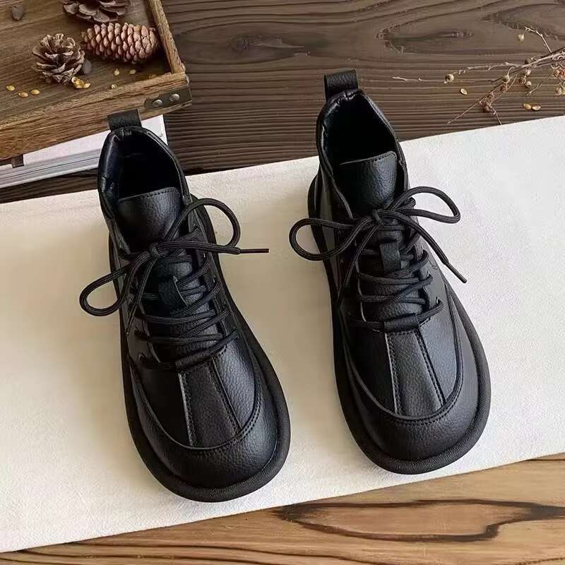Spring/Autumn Women's Flats Round Toe Flat for Women Lace-up Platform Shoes Outdoor Office Lady Anti-slip Solid Color Shoe