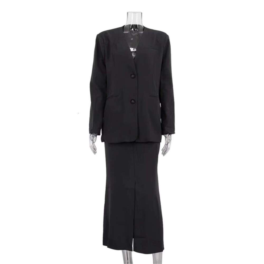 Autumn Vintage Solid Two-Piece Set Women 2024 New V Neck Blazer Jacket+Midi Skirts Elegant Fashion Simple Long Skirt Suits
