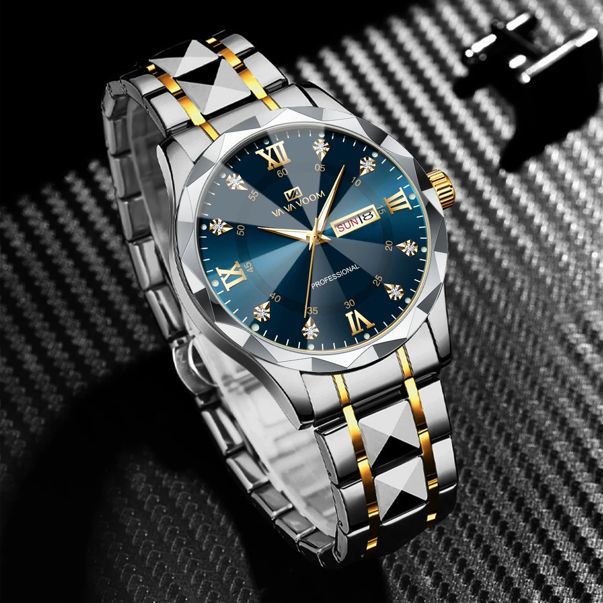 Men Watch Water Diamond y Night Glow Double Calendar Quartz Movement 41mm Blue Gold Stainless Steel Fashion Business 250118