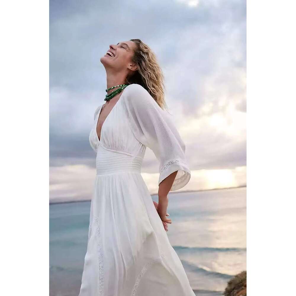 New Arrival Solid Color Long Beach Dress Sexy V-Neck High Waist Chiffon Sundress Flare Sleeve Summer Vestidos Mujer