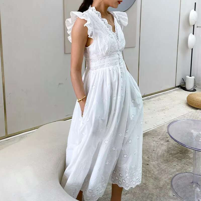 Summer White New Ladies Embroidery Midi Dress V-Neck High Waist Cotton Long Dresses Button Up Lace Boho Vestidos