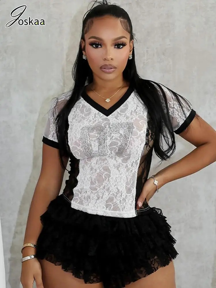 Joskaa Patchwork Number Rhinestone Lace T-Shirts Women Sexy See Through V-Neck Short Sleeve Crop Tops Party Club Streetwear 250109