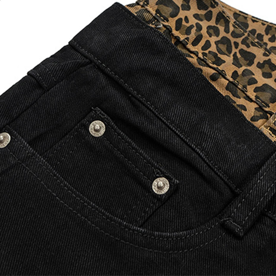 Leopard Patchwork Jeans Fake Two Piece Black Baggy Jeans Mens Loose Denim Pants 250120
