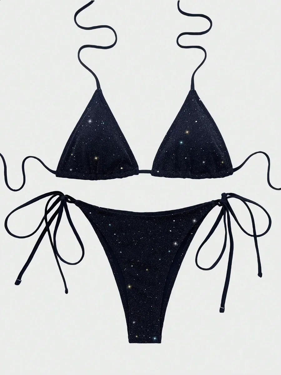 Shiny Sparkling Halter Strappy Bikini High Cut Bikinis Female Swimsuit Women Swimwear Two-pieces Bikini Set Bathing Suit 250117