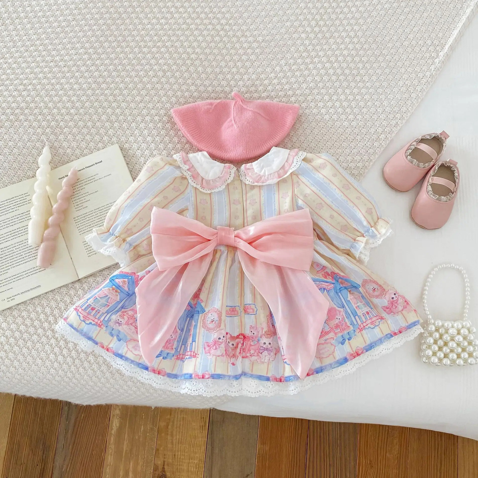 Girls Princess Lolita Dress Spring Autumn 06 Year Old Long Sleeve Baby Castle Knotbow Printed Kids 250117