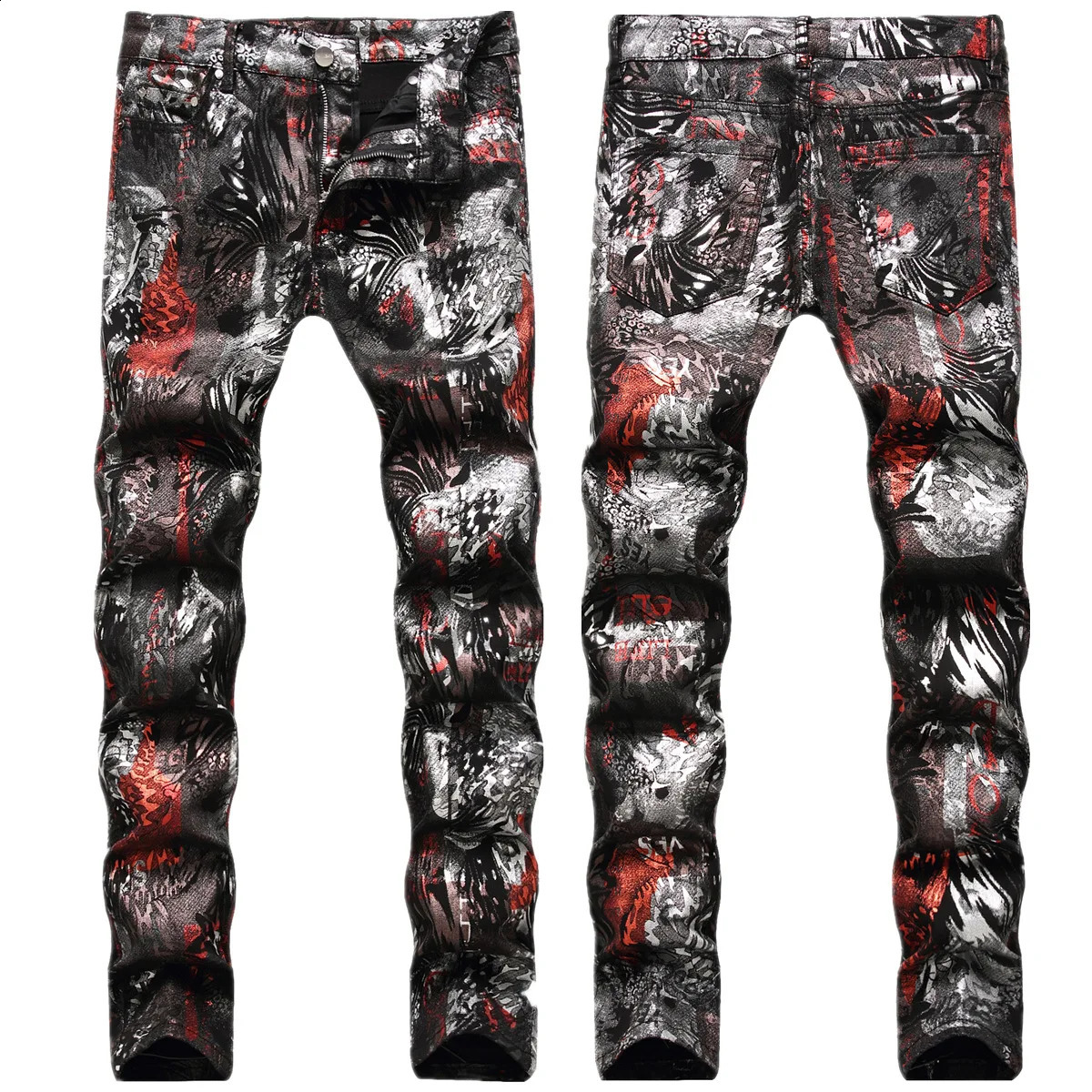 Mens European-style fashion PU jeans mens personality leopard print pattern painted print graffiti slim jeans men 250120