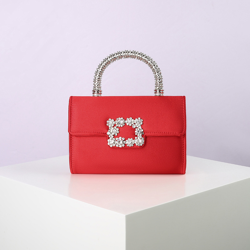RV Rhinestone Imitation Silk Chain Single Shoulder Diagonal Cross Hand-Held Bag, Silver Buckle Versatile Fashionable Dinner Bag