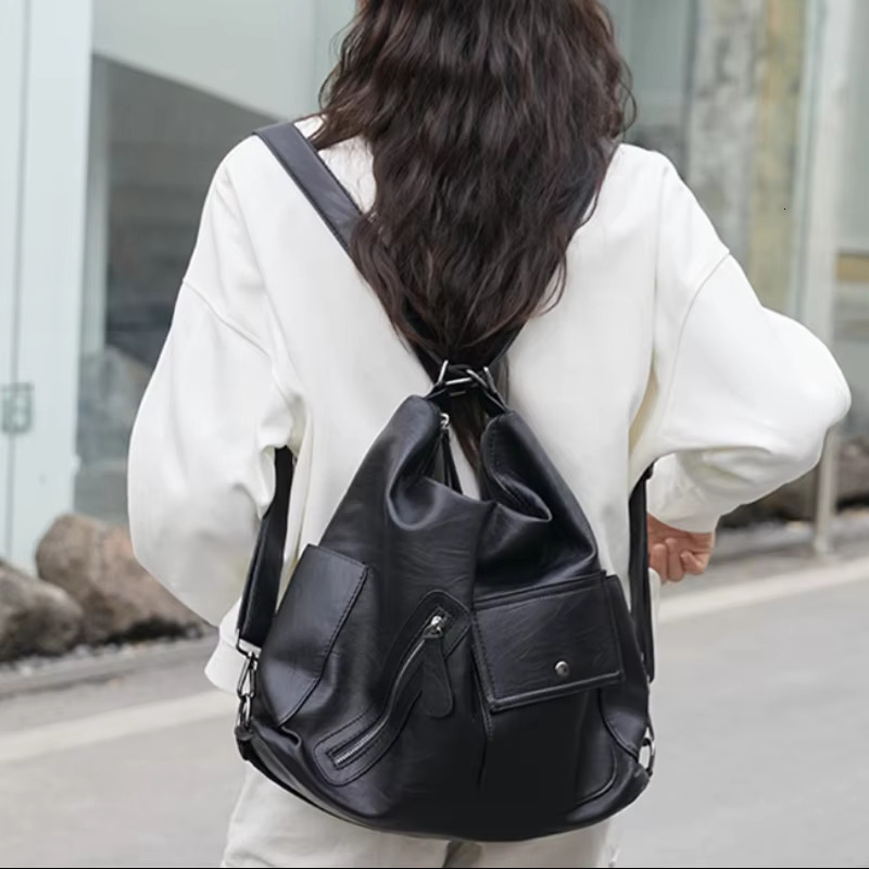 Original Brand Korean Japan Black Bag Large Capacit Multi-Pocket Soft Leather Lady Backpack Zone Retro Function Shoulder Totebag