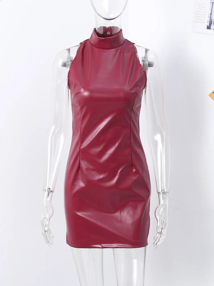 Fashion PU Leather Mini Dress Women Elegant Stand Collar Bodycon Short Party Dress Female Sexy Slim Sleeveless Evening Dresses 250122