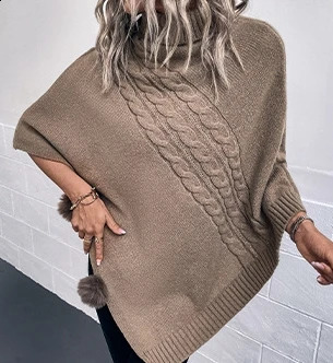 Autumn Womens Shawl Coat Solid Color Twisted Neck High Neck Pullover Sweater Bat Sleeve Knitted Sweater Wool Ball n Shawl 250121