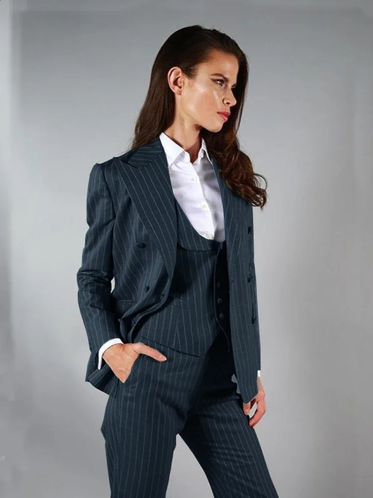 Womens Striped Suit 3 Pieces DoubleBreasted Casual Lady Blazer Tuxedo Suitable For Prom Jacket Vest Pants Lapel 250114