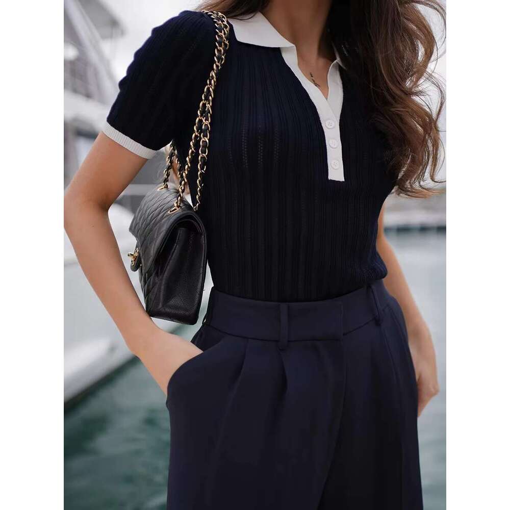 Black Contrast Knitted T-Shirt Women New Vintage V Neck Slim Short Sleeve Tops Tees Summer Elegant Fashion Button T-Shirts