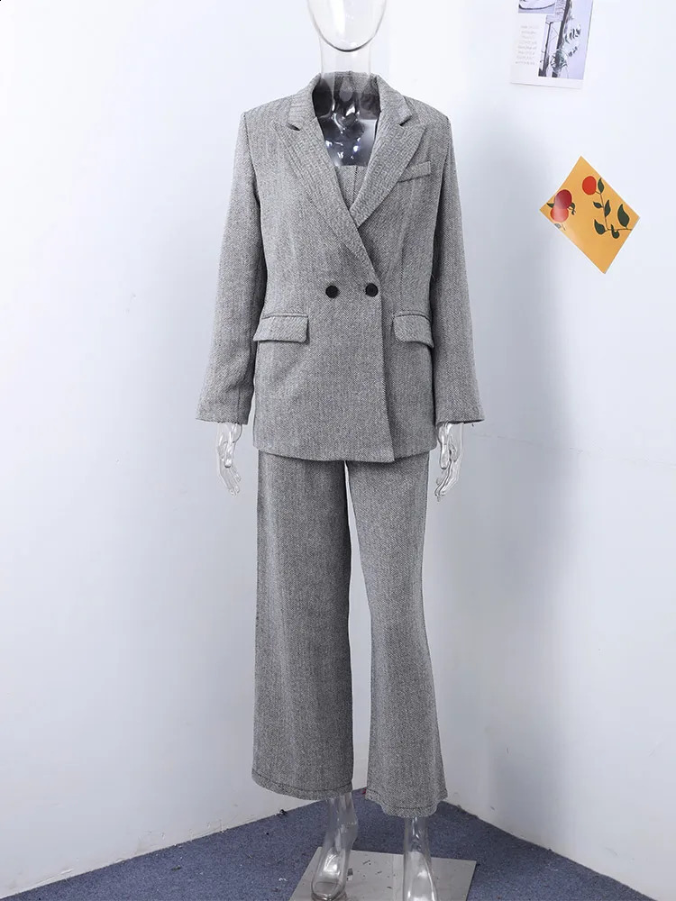 Elegant solid pants set 3-piece womens long sleeved jacket with zipper vest top waist wide Trousers city womens set 250118