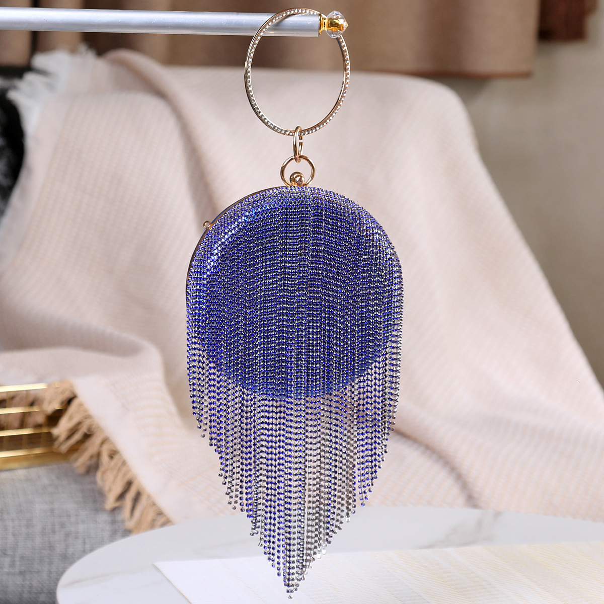 new style New Flat Spherical Tassel Rhinestone Dinner Handbag Women's Dress Chain Bag Xiyin Same Style