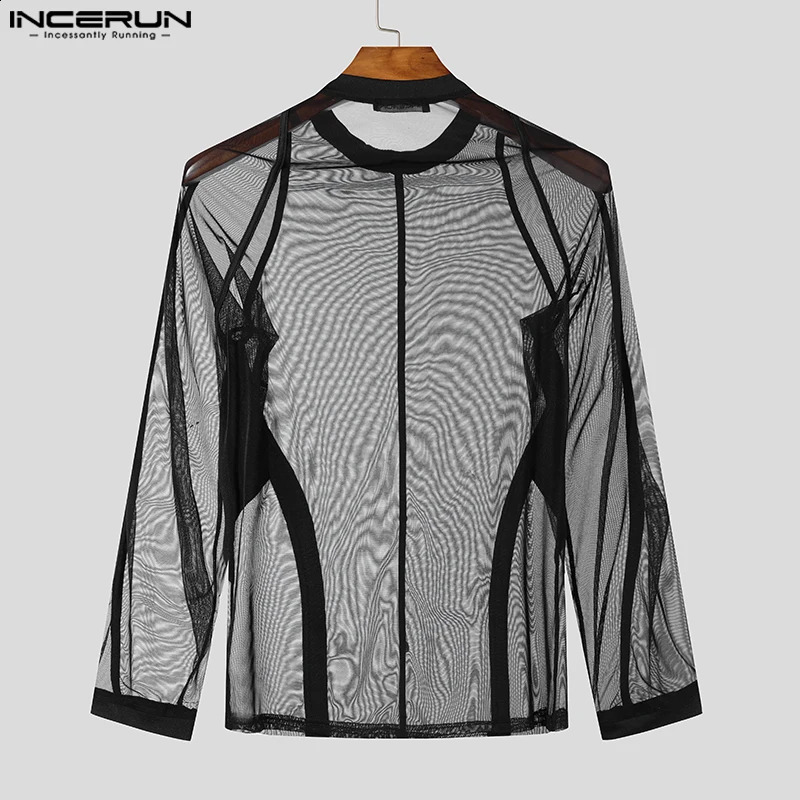 INCERUN Mens Well-Fitting Sleeved Tops Casual Round Neck Mesh Patchwork T-shirts Sexy Handsmen Buttons Fashion Camiseta 250117