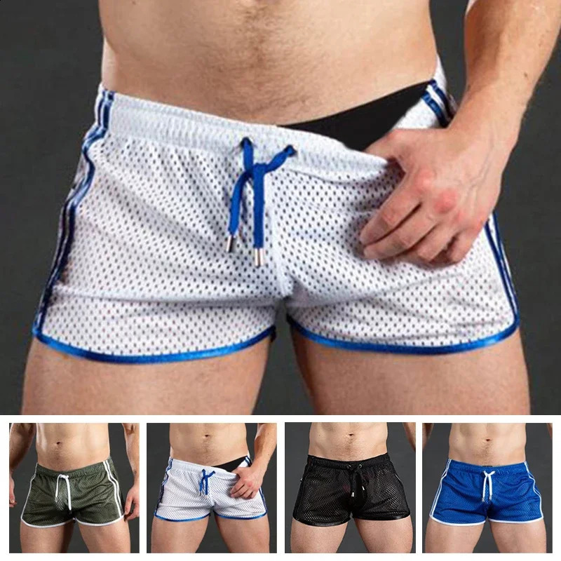 Men Casual Gym Fitness Training Shorts Sexy Mesh Breathable Quick Dry Fashion Sports Beach Trunks Clothing Summer 250120