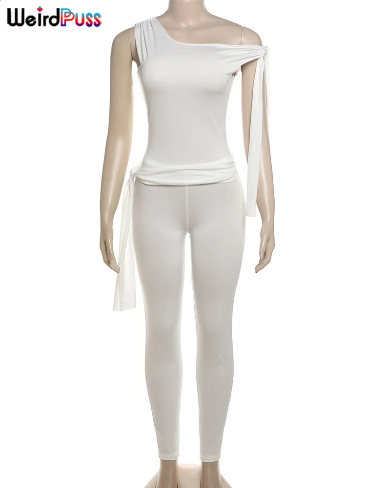 Weird Puss Chic Elegant 2 Piece Set Women Tracksuit Skew Collar Ribbon Tank TsopLeggings Casual Skinny Stretch Matching Outfits 250113