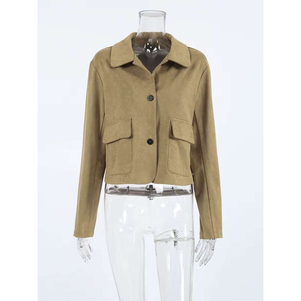 New Solid Soft Suede Jacket Women Autumn Single Breasted Long Sleeve Cropped Jackets Streetwear Fashion Vintage Outerwear