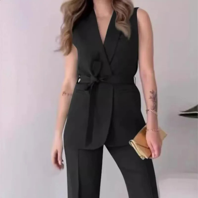 2 Piece Sets Lady Turn Dwon Collar Sleeveless Top With Long Pants Suit Elegant Solid Color Slim Set Women Party Outfit y250114