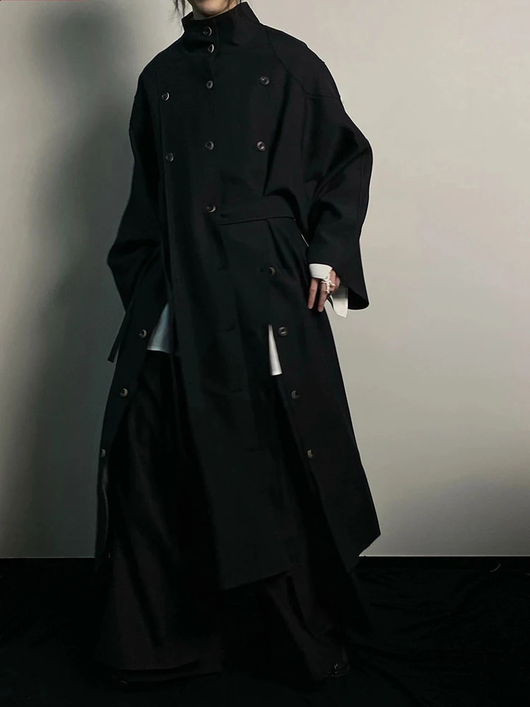 EAM Women Black Irregular Slit Big Size Trench Stand Collar Long Sleeve Windbreaker Fashion Spring Autumn 2025 1DH0755 250118