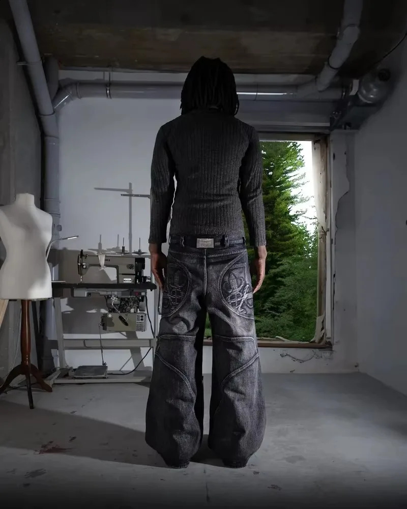 Y2K Fashion Black Stitching Washed Make Old Baggy Jeans Women Street Dressing Rock Casual High Waist Wide Leg Pants 250117