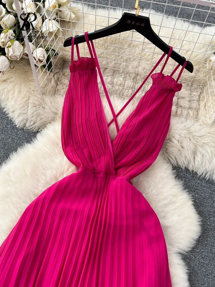 SINGREINY Summer Sexy A Line Dress Deep V Neck Sling Cross Ruffles Backless Pleated Solid Women Elegant Evening Party Long Dress 250110