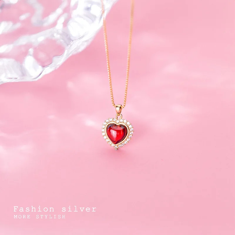 WANTME 925 Sterling Silver Romantic Sweet Red Agate Love Heart Pendant Charm Necklace for Women Wedding Anniversary Fine Jewelry 250117