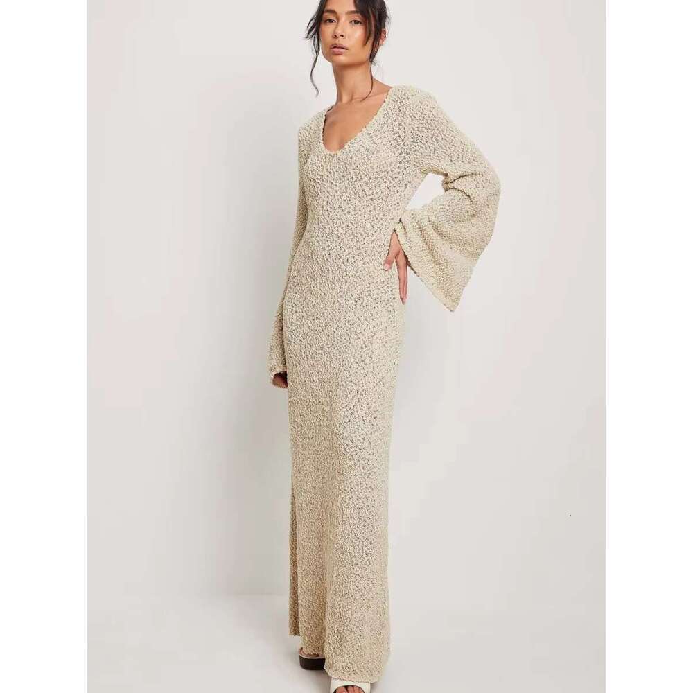 Transparent Knitted Long Women Vintage Fashion Full Sleeve U Collar Maxi Dress Female Casual Simple Summer Holiday Robe