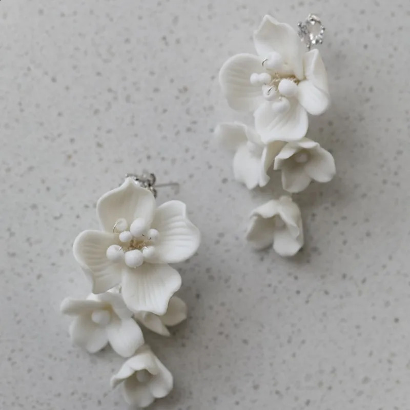 Ins Porcelain Flower Wedding Earrings Bridal Jewelry Gold Silver Color Handmade Women Drop Earring 250117