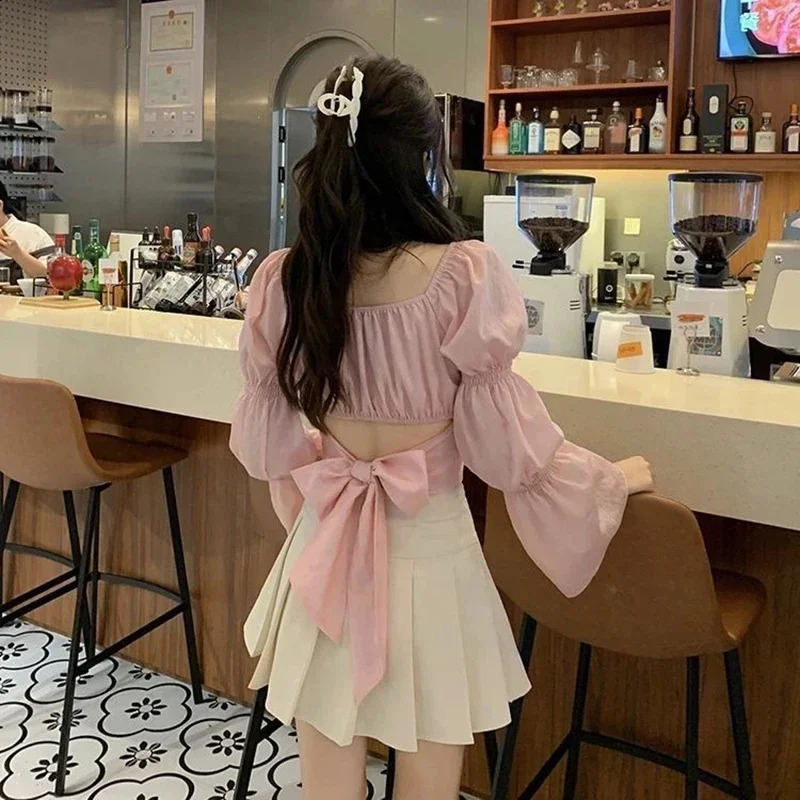 Womens Autumn French Butterfly Belt Top with Back Puff Sleeves Black Pink Square Collar Cut for Women 250122