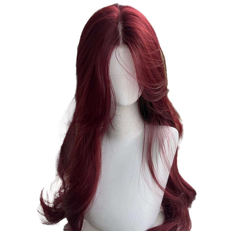 Lace Front Wig Cover T Shape Rose Red Front Lace Large Wave For Women With Small Medium Split Eight E Bangs Long Curly Hair Full Head Wig Set