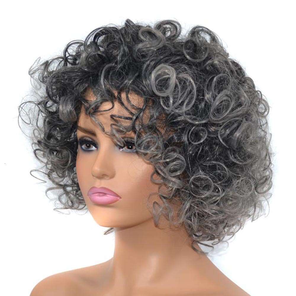 Lace Front Wig Cover T Shape Black Sier Gray Short Wig With Slightly Curled Chemical Fiber Explosive Head Fluffy Curly Hair Headband