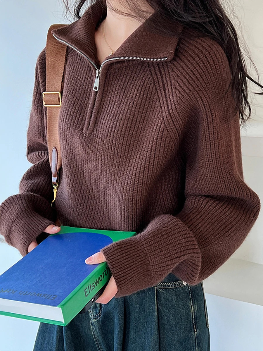 Quarter Zip Knit Sweater Cozy High Collar Long Sleeve Crop Jumper Pullover Women Teenage Fall Winter 250117