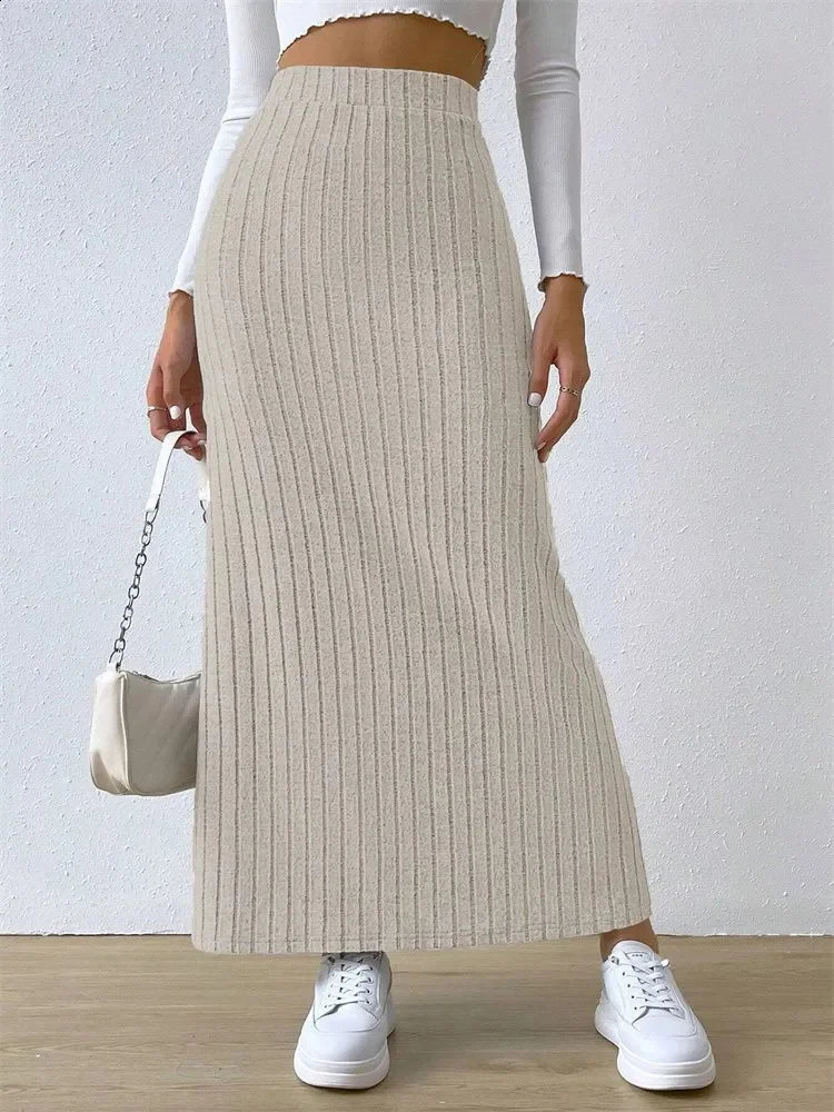 Women Ribknit Side Split Maxi Skirt Autumn Spring Casual Elegant High Waist Straight 250110Z