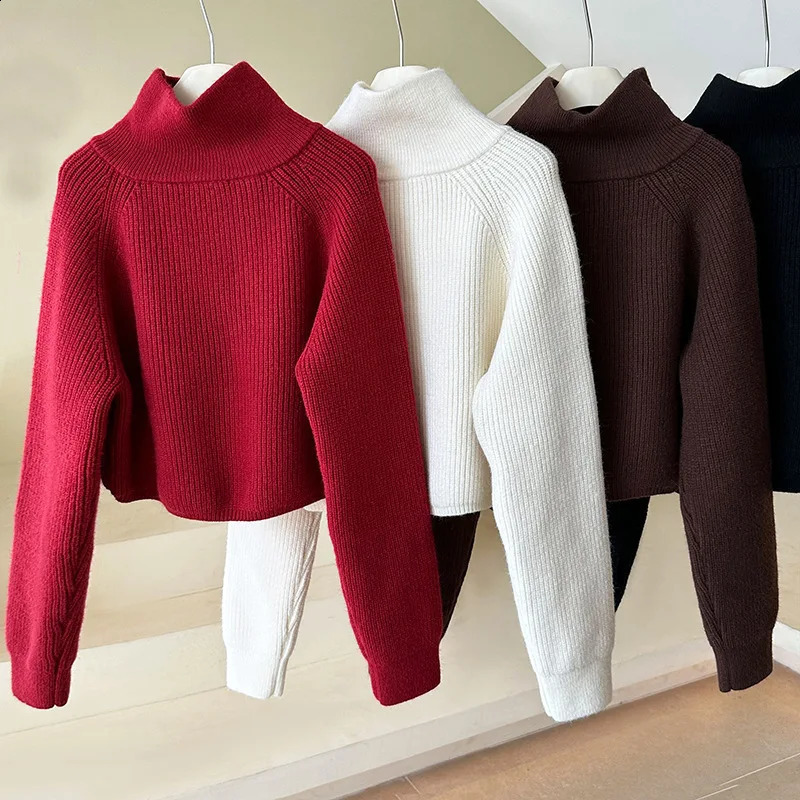 Quarter Zip Knit Sweater Cozy High Collar Long Sleeve Crop Jumper Pullover Women Teenage Fall Winter 250117
