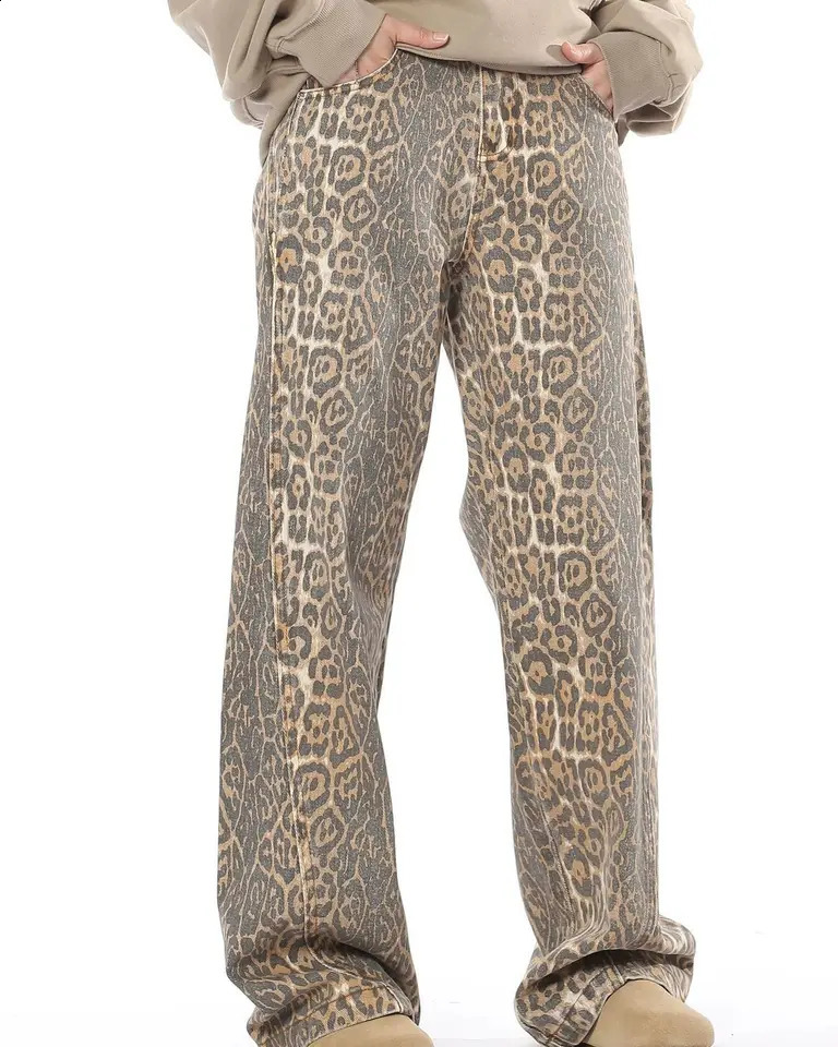 Vintage Leopard Print Jeans Men Spring Autumn Oversize Casual Hip Pop Wide Leg Trouser Trend High Waist Panther Denim Pants y2k 250120