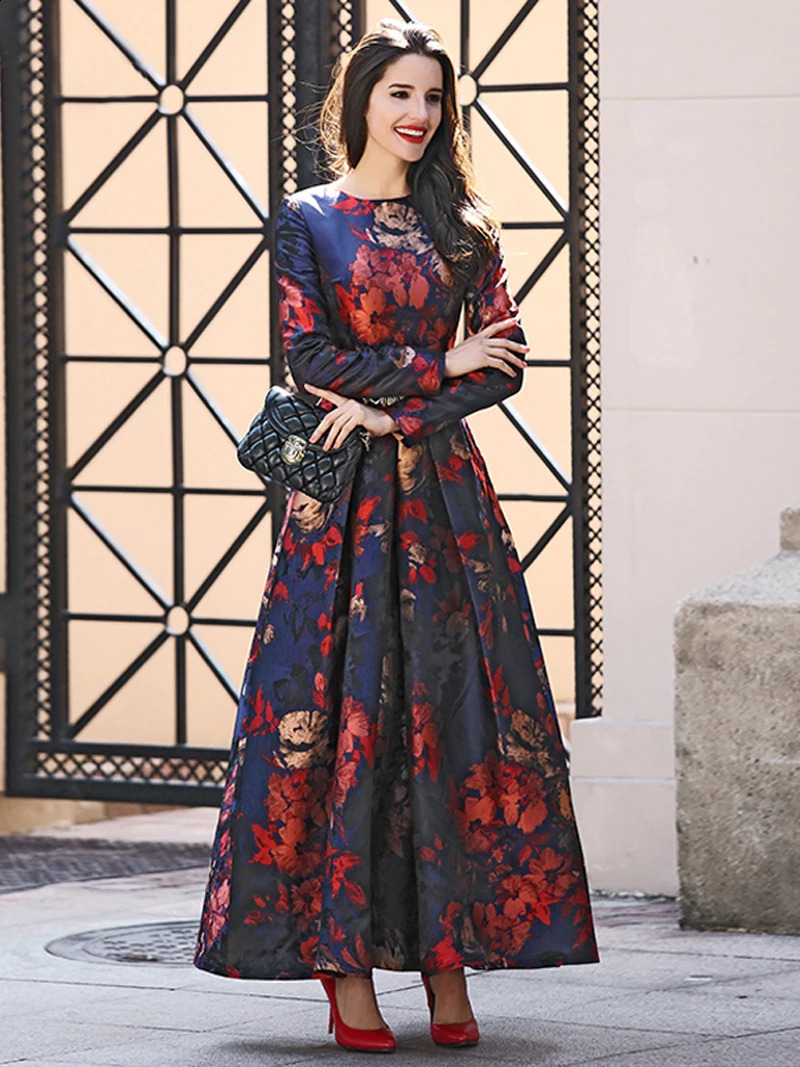 Elegant Women Long Sleeve Maxi Dress Fall Fashion Boho Floral Jacquard Muslim Dress Ladies Vintage Party Clothes 250122