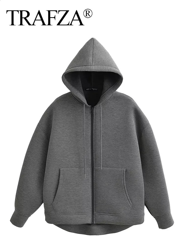 TRAFZA Autumn Women Gray Jacket With Hood Long Sleeve Big Pocket Zipper Coat Woman Loose Casual Outerwear Tops 250113