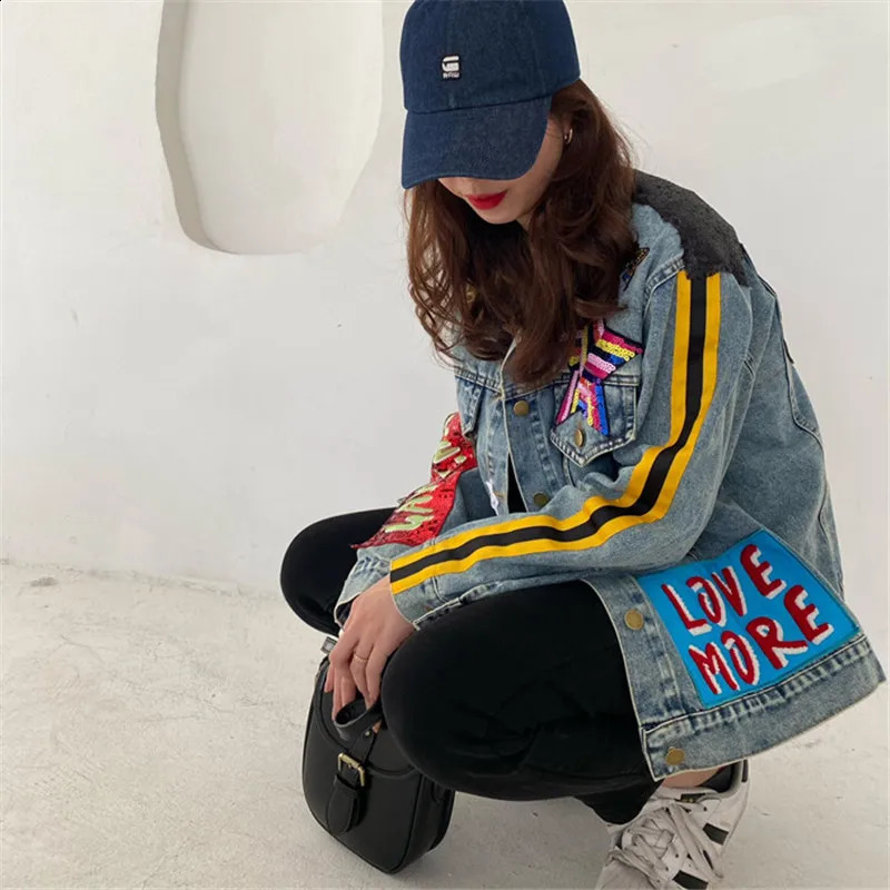 Vintage Multicolour Sequins Leopard Patch n Denim Jacket Women Cow Outerwear Loose Short Big Pocket Jeans Jacket Female 250121