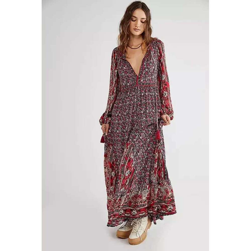 Chiffon Maxi Dress Boho Style Holiday Printing Chic Vestidos Mujer Long Sleeve Free Dresses Ral People Sales Hippie Robes
