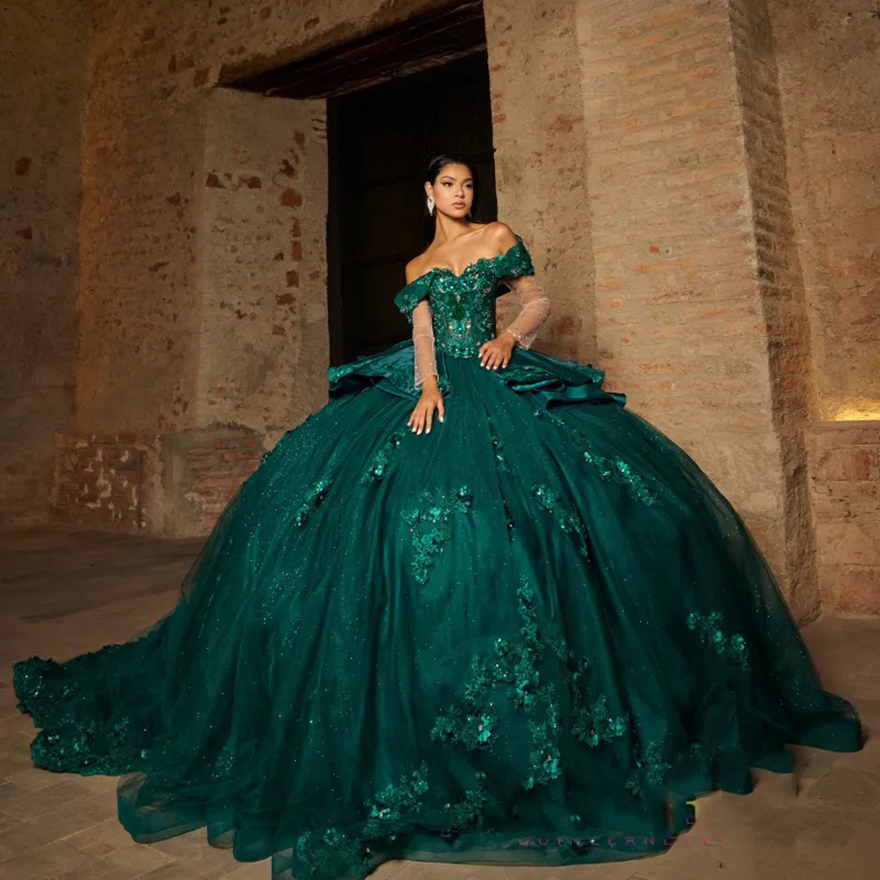 Blackish Green Shiny Quinceanera Off Shoulder Applique wer Crystal Beaded Corset Dresses for 15 year anniversary