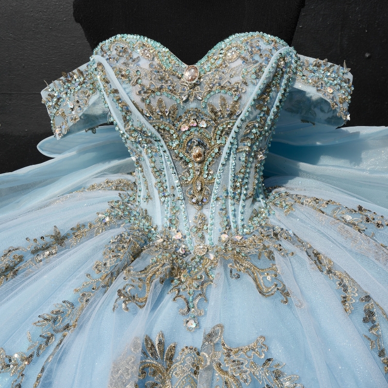 Sky Blue Quinceanera Dresses Ball Gown Off The Shoulder Applique Lace Beading Bow Tull Party Birthday Sweet 16 Dress Vestidos 15 De Anos