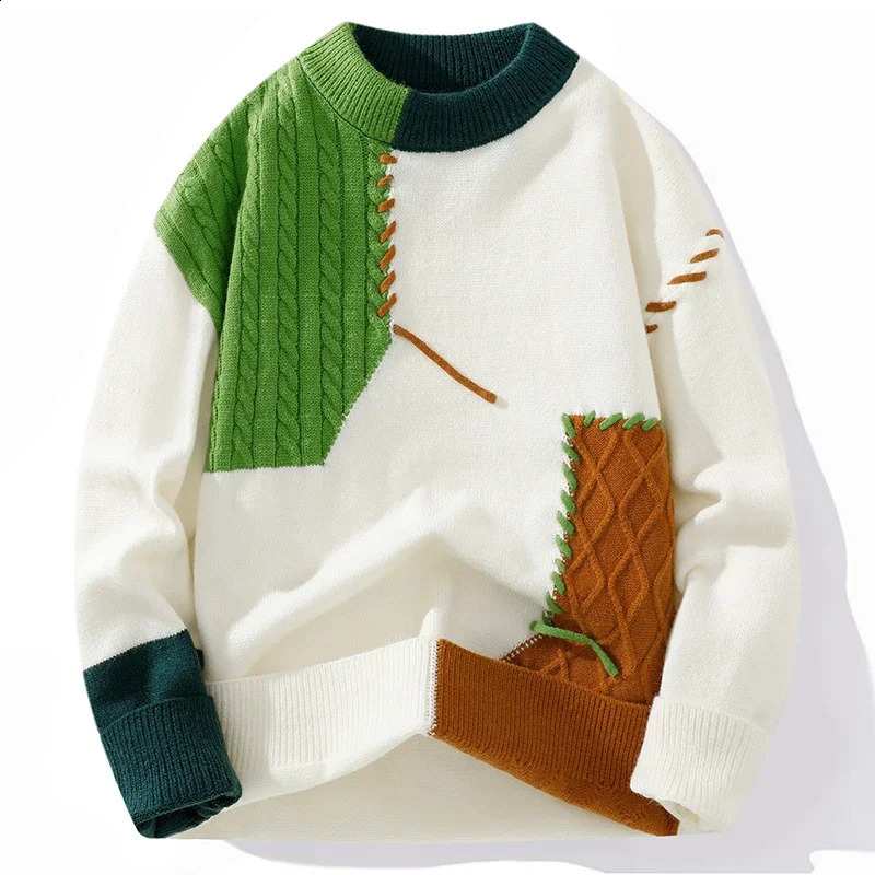 Autumn Winter Color Matching Sense Stitching Crew-neck Knitting Couple Fashion Plus Fleece Pullover Sweater 250116