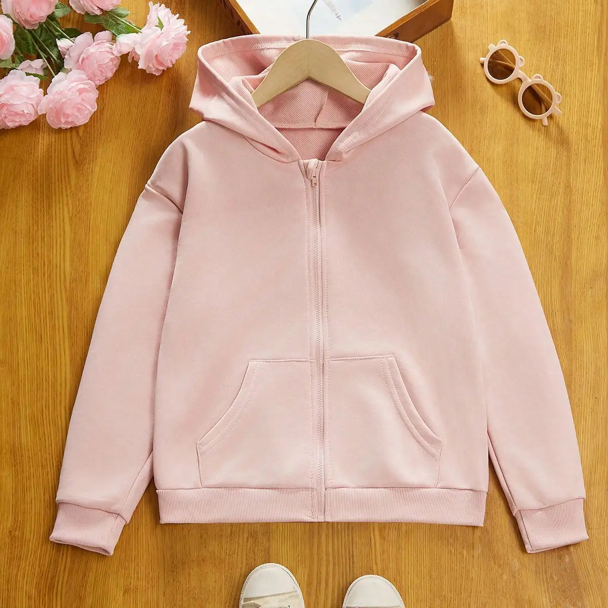 Spring and Autumn Fashion Girls Solid Pink Color Sweet Style Comfortable Zipper Hoodie Tops 250121