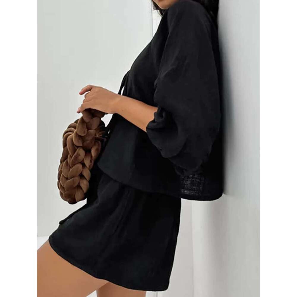 Black Casual Thin Suits For Women New V-Neck Puff Sleeve Lace-Up Blouse+Shorts Sets Autumn Elegant Simple Home 2 Piece Set